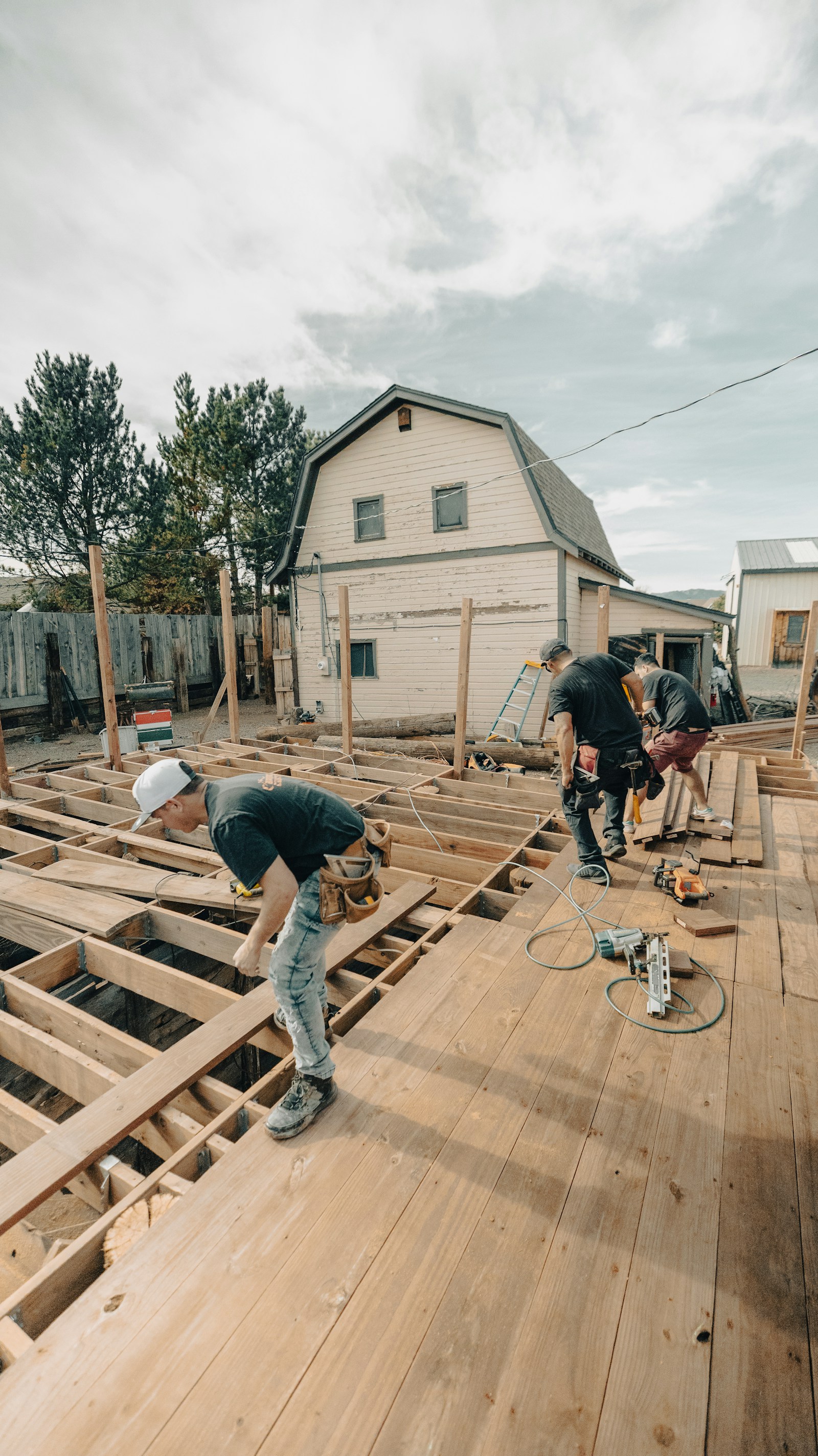 Crew building a deck on site